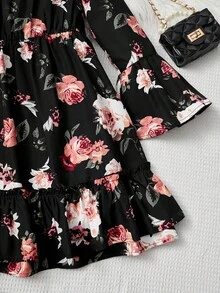 SHEIN 女大童印花荷葉袖荷葉邊洋裝 - 黑色 - 查看 4