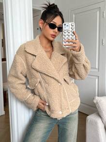 SHEIN EZwear Lapel Neck Drop Shoulder Flap Pocket Teddy Jacket - Khaki - View 7