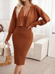 SHEIN Clasi Solid Cami Sweater Dress & Drop Shoulder Cardigan - Brown - View 5