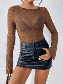 SHEIN Essnce Lettuce Trim Sheer Tee Without Bra - Chocolate Brown - View 5