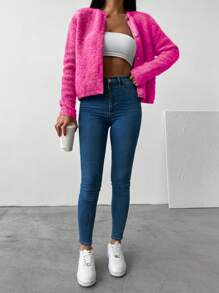 EURMUSE Solid Button Front Cardigan - Pink - View 3