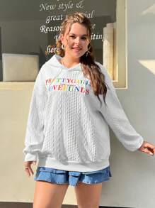 SHEIN EZwear Plus Size Letter Embroidery Drop Shoulder Drawstring Sweatshirt - White - View 4