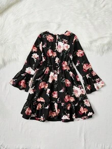 SHEIN 女大童印花荷葉袖荷葉邊洋裝 - 黑色 - 查看 2