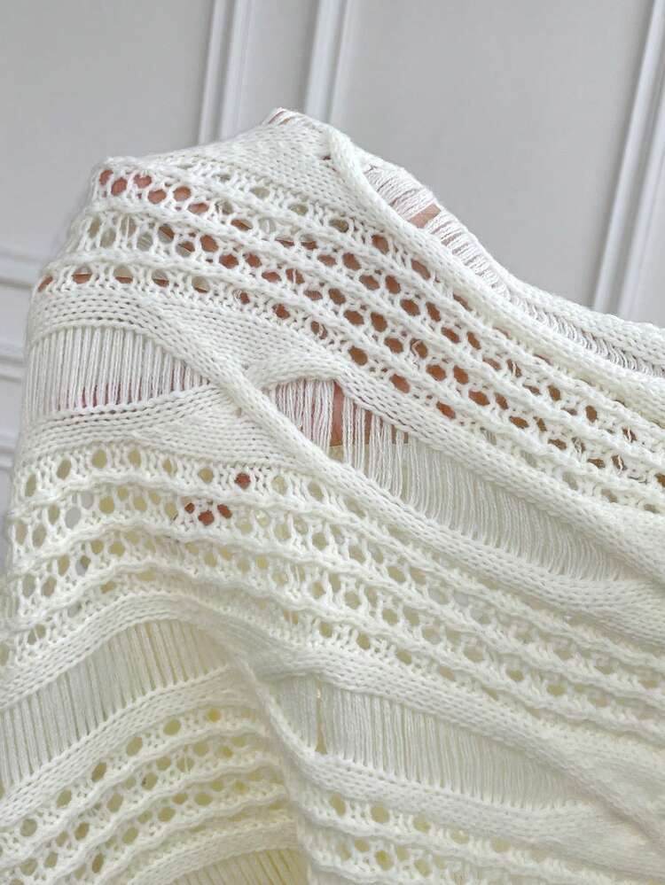 Mock Neck Pointelle Knit Ripped Drop Shoulder Knit Pullover Fall Winter Sweater