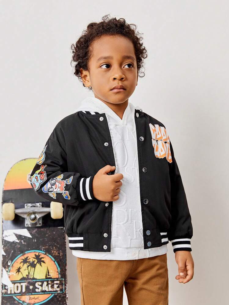Young Boy Letter Graphic Striped Trim Varsity Jacket