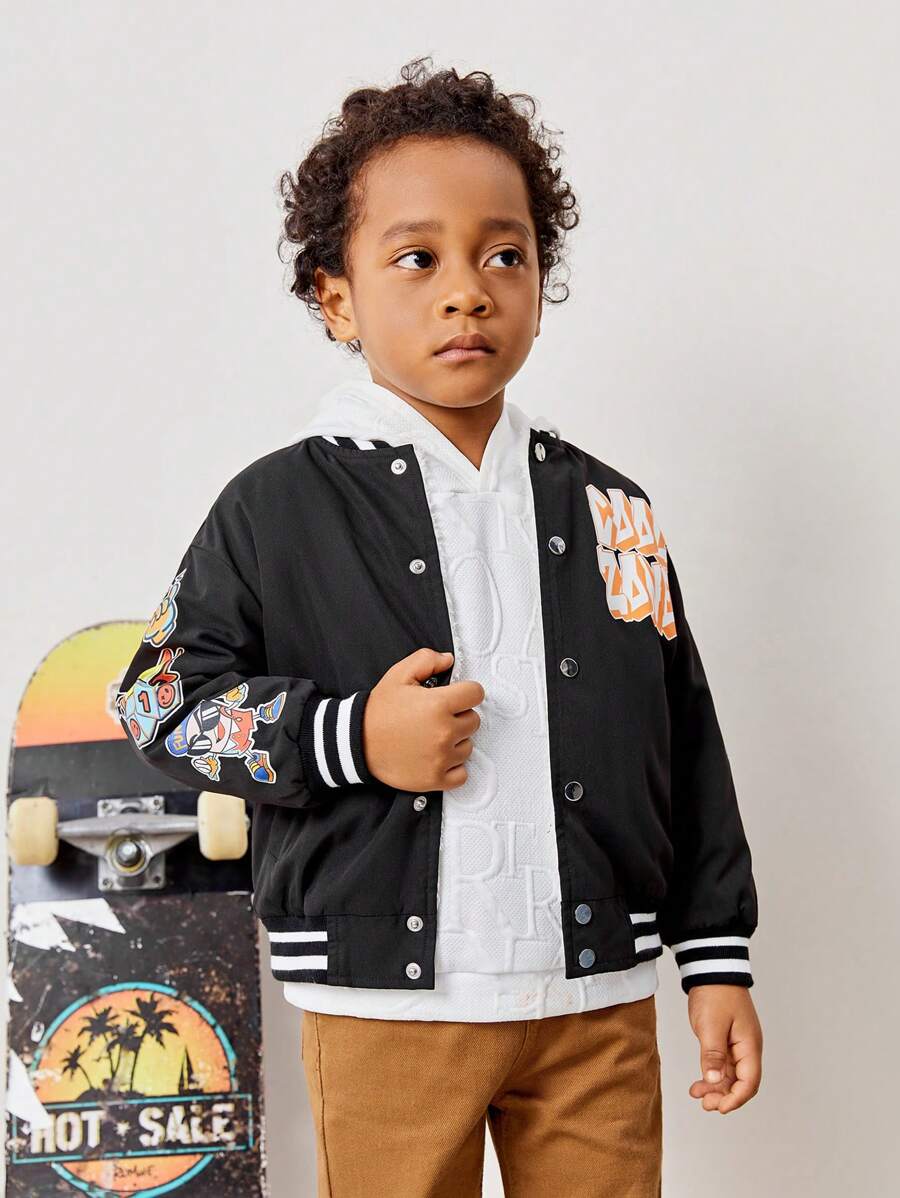 SHEIN Young Boy Letter Graphic Striped Trim Varsity Jacket