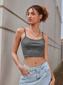 SHEIN EZwear Rib-knit Crop Cami Top - Dark Grey - View 1