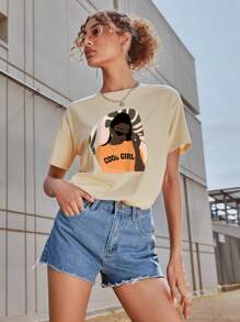 SHEIN EZwear 人物和字母圖案T恤 - 杏色 - 查看 1