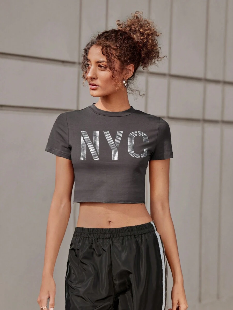 SHEIN Unity 水鑽字母破洞短版上衣 - 灰色 - 查看 1