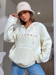 SHEIN Unity Thêu Chữ Túi kangaroo Thả vai Dây rút Hoodie - Màu be - Xem 6