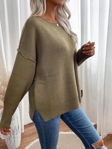 SHEIN Essnce 素色落肩袖套頭毛衣 - 軍綠色 - 查看 5