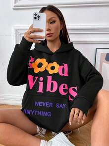 SHEIN Unity Khẩu hiệu & Đồ họa hoa Túi kangaroo Thả vai Hoodie - màu đen - Xem 5