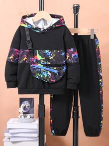 男童街頭風兩件套裝加包包 - 黑色 - 查看 1