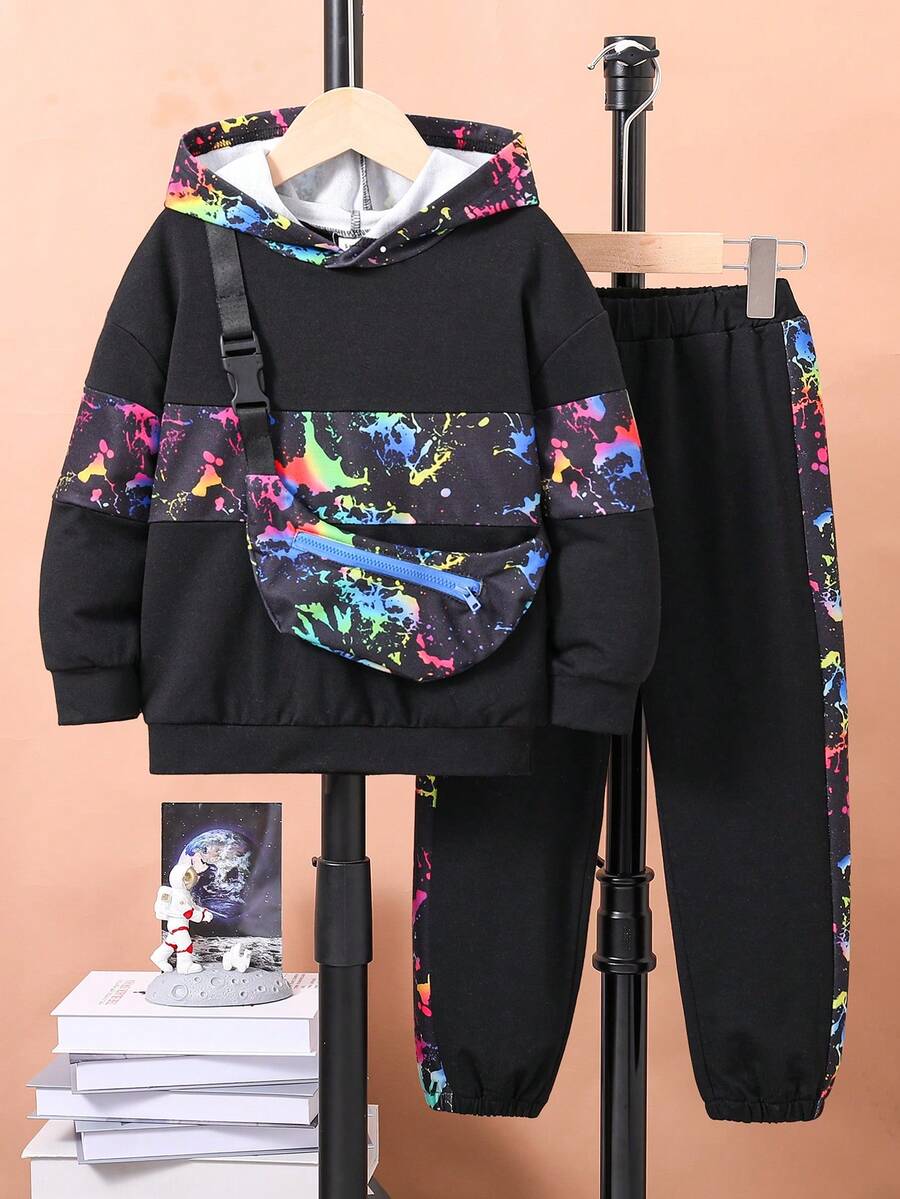 男童街頭風兩件套裝加包包 - 黑色 - 查看 1