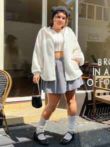 SHEIN EZwear 大碼熊&標語刺繡插肩袖連帽絨毛外套 - 白色 - 查看 4