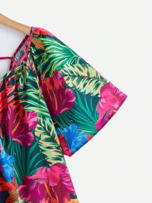 SHEIN LUNE 大碼熱帶圖案後綁帶插肩袖襯衫 - 彩色 - 查看 4