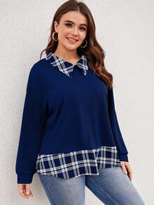 SHEIN LUNE 大碼格紋印花落肩袖二合一運動衫 - 藏蓝色 - 查看 5