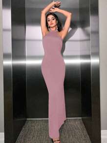 EURMUSE Solid Halter Neck Backless Dress - Pink - View 5