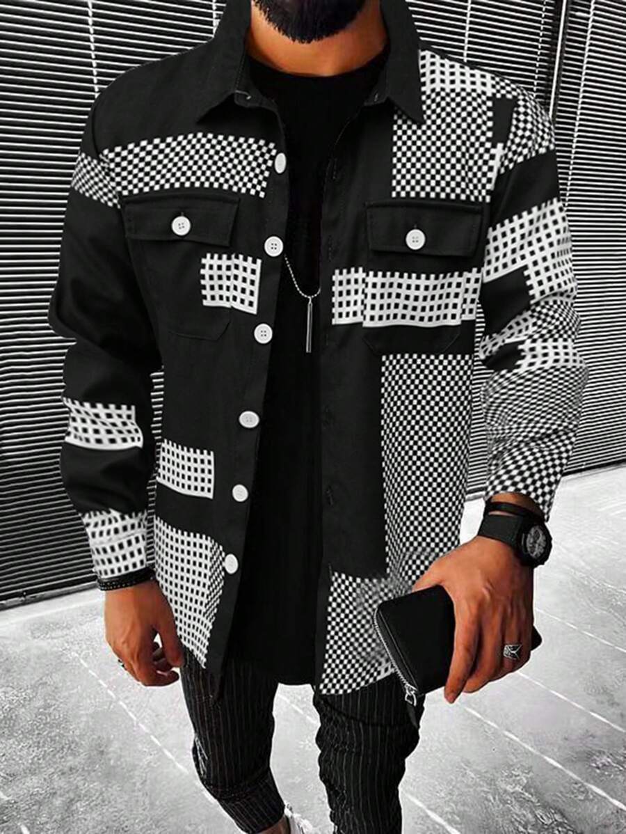 Manfinity Homme 男士黑白色格子襯衫式外套 - 黑與白 - 查看 1