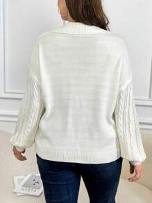 SHEIN LUNE Plus Cable Knit Drop Shoulder Sweater - White - View 2