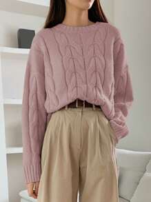 Dazy Star Cable Knit Drop Shoulder Sweater - Dusty Pink - View 5