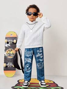 SHEIN 男小童卡通和字母圖案牛仔效果印花衛褲 - 黑色 - 查看 5