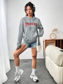 SHEIN Unity Lá thư & Xe máy Đồ họa Thả vai Dây rút Hoodie - Xám - Xem 5