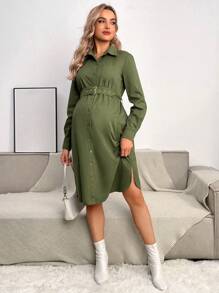SHEIN 孕婦素色腰帶襯衫洋裝 - 軍綠色 - 查看 5