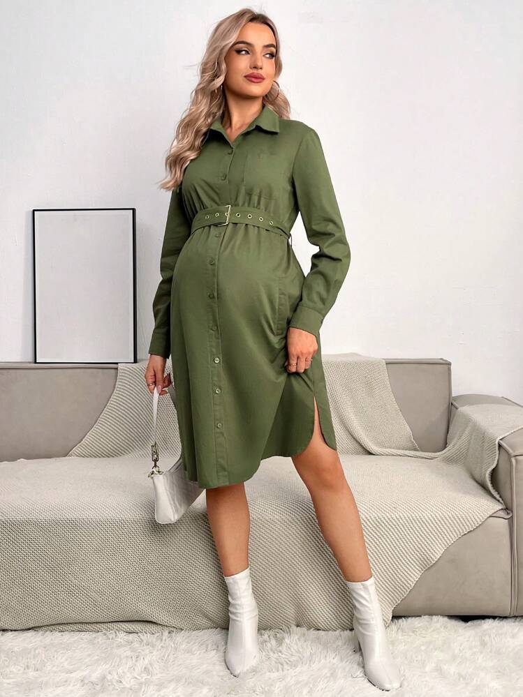 SHEIN 孕婦素色腰帶襯衫洋裝 - 軍綠色 - 查看 5