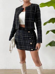 SHEIN Privé Plaid Print Open Front Jacket & Skirt - Black - View 6