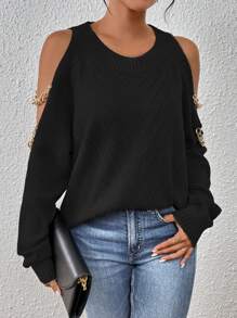 SHEIN LUNE 鏈條細節挖肩套頭毛衣 - 黑色 - 查看 4