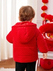 SHEIN Neutral Baby Boy Chinese Style Checkerboard Fleece Hooded Padded Coat - Multicolor - View 4
