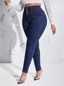 SHEIN SXY 加高腰鈕扣門襟斜口袋緊身牛仔褲 - 深色水洗藍 - 查看 6