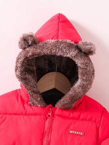 Young Boy Reversible Zipper Up 3D Ears Hooded Padded Coat - Red - View 6