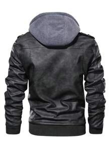 Men Long Sleeve Zip Up Hooded PU Leather Jacket, For Fall Winter