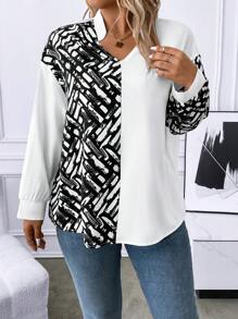 SHEIN LUNE Plus Graphic Print Drop Shoulder Notched Neckline Blouse - Multicolor - View 1