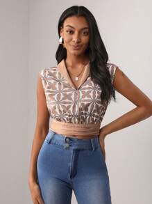 Tamara Designer Geo Print V Neck Crop Blouse, For Holiday, Vacation - Multicolor - View 6