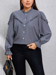 SHEIN LUNE Plus Frill Trim Flare Sleeve Blouse - Dusty Blue - View 4