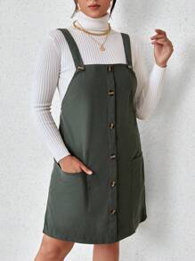 SHEIN Franclia Plus Patched Pocket Overall Dress Without Sweater - Green - View 5