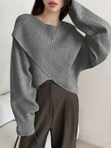 Dazy Star Chất rắn tay cánh Crossover Áo len - Xám - Xem 1