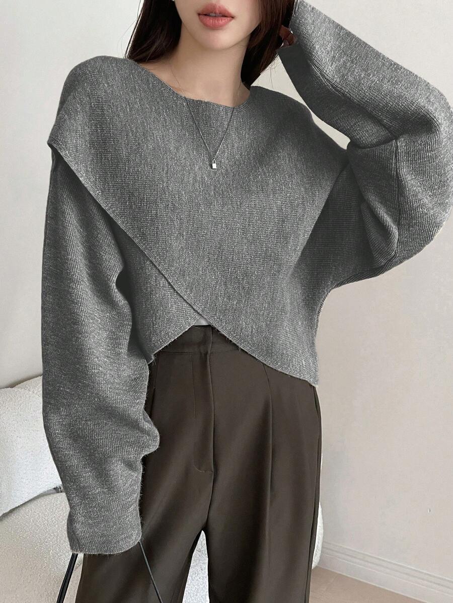 Dazy Star Chất rắn tay cánh Crossover Áo len - Xám - Xem 1