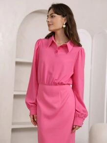 SHEIN Privé 素色前紐扣洋裝不附腰帶 - 粉色 - 查看 5