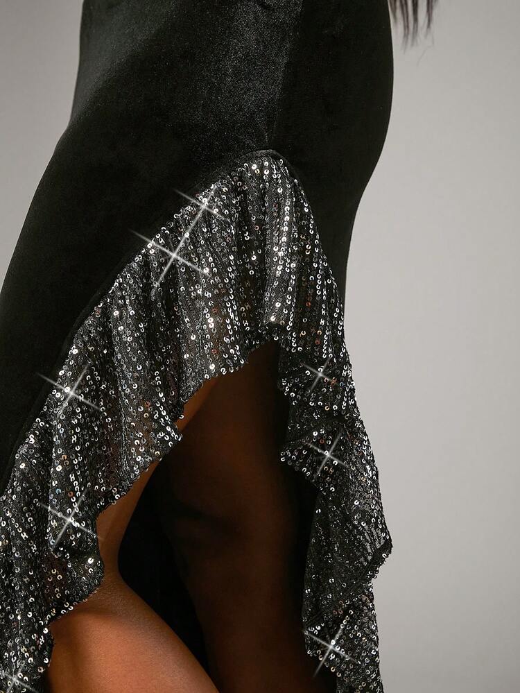 Sequin Ruffle Split Thigh Velvet Dress