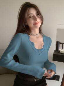 Dazy Star Women'S Lace Spliced Ribbed Sweater Without Buttons - Blue - View 1