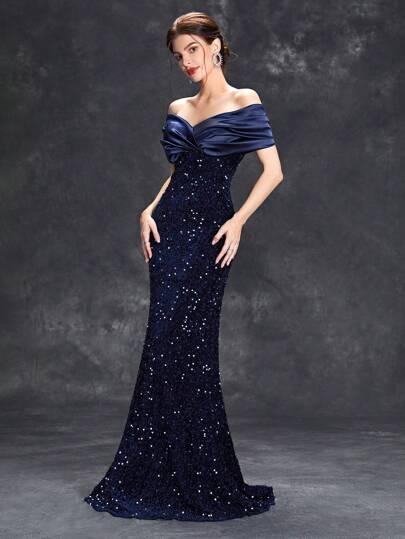 Đầm dạ hội trễ vai xếp ly đính sequin, kiểu đuôi cá thanh lịch dành cho dạ hội, đám cưới, lễ tốt nghiệp, tiệc cocktail mùa xuân.