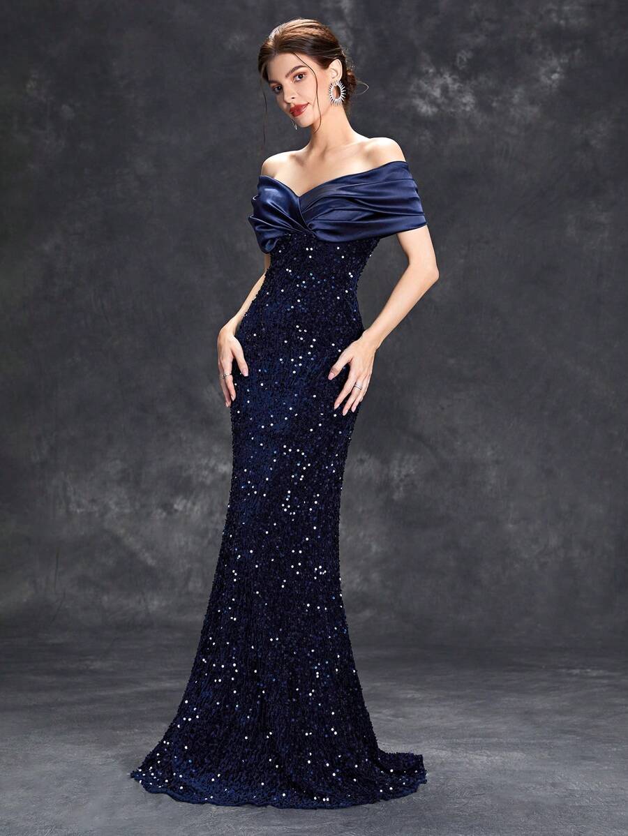 Off-Shoulder Ruffle Sequin Formal Dress, Mermaid Style Elegant Gown For Prom, Wedding Guest, Graduation Ceremony, Cocktail Party Spring - Navy Blue - View 1