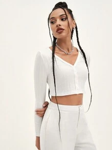 Muchica V Neck Button Front Ribbed Top - White - View 6