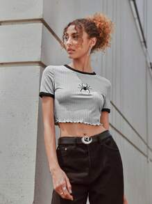 SHEIN ICON Spider Embroidery Contrast Trim Crop Tee - Light Grey - View 3