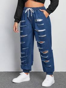 SHEIN EZwear 大碼腰部抽繩破洞抽鬚束腳牛仔褲 - 深色水洗藍 - 查看 1