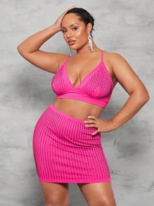 SHEIN BAE Plus Rhinestone Detail Cami Top & Bodycon Skirt - Hot Pink - View 3